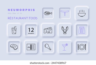 Food set icon. Glass, alcohol, hot dish, steak, skeleton, fish, cheese with holes, chicken, bone, spoon, fork, menu, cocktail, packed lunch. Culinary dishes concept. Vector line icon.