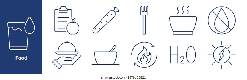 Food set icon. Glass of water, nutrition plan, carrot, fork, soup bowl, no water sign, serving dish, flame, H2O, energy symbol. Represent hydration, healthy eating, cooking, and energy balance