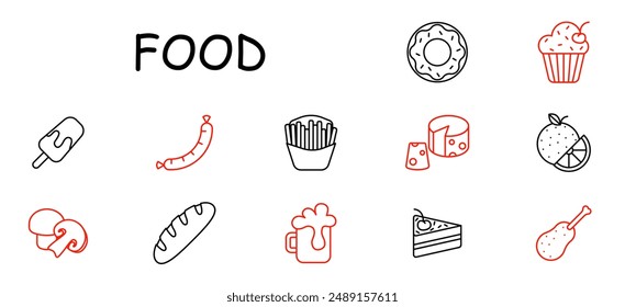 Food set icon. Ice cream, sausage, fries, cheese, donut, cupcake, orange, mushroom, bread, beer, cake, chicken drumstick.