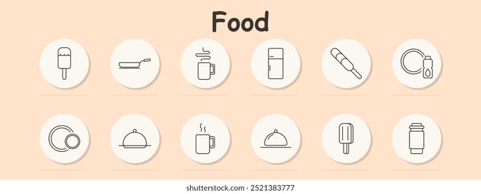 Ícone de conjunto de alimentos. Sorvete, frigideira, caneca, geladeira, picolé, garrafa, prato de jantar, recipiente de alimentos, bebida quente, equipamento de cozinha, preparação de refeições, jantar, sobremesa congelada