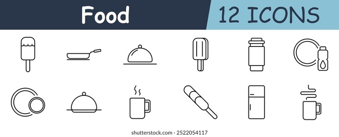 Icono de conjunto de alimentos. Helado, sartén, cubierta del plato, paleta de helado, termo, plato, botella, juego de cena, taza, pinchos, refrigerador, bebida caliente. Los iconos representan comidas, cocina y bebidas en diferentes contextos.