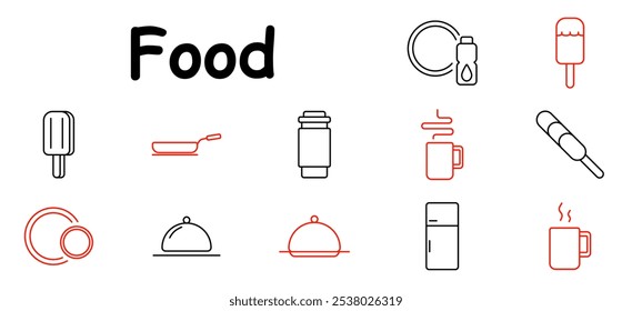 Icono de conjunto de alimentos. Helado, plato, sartén, botella de agua, bebida caliente, refrigerador, plato de servir, café, golosina congelada, comida