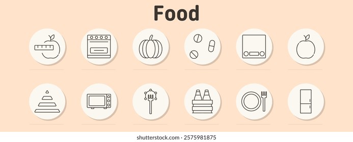 Food set icon. Measuring tape, oven, pumpkin, capsules, scale, apple, food pyramid, microwave, fork, bottles, plate, refrigerator