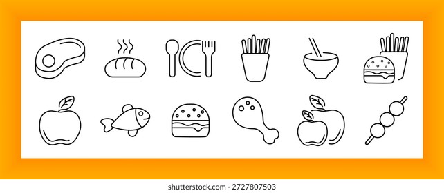 Icono de conjunto de alimentos. Carne, pan, fideos, patatas fritas, hamburguesa, manzana, pescado, baqueta, plato, fruta, plato, nutrición, comida rápida, almuerzo, comida, refrigerio