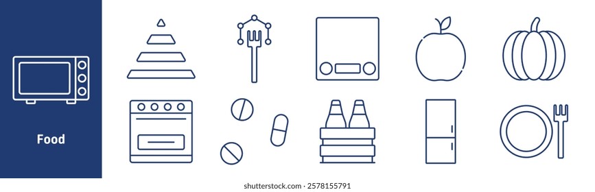 Food set icon. Microwave, food pyramid, fork, kitchen scale, apple, pumpkin, oven, pills, bottles, refrigerator, plate. Represent healthy eating, cooking tools, and food storage