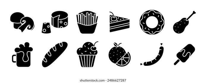 Food set icon. Mushroom, cheese, fries, cake, donut, chicken leg, beer, baguette, cupcake, orange, sausage, popsicle. Food, cuisine.