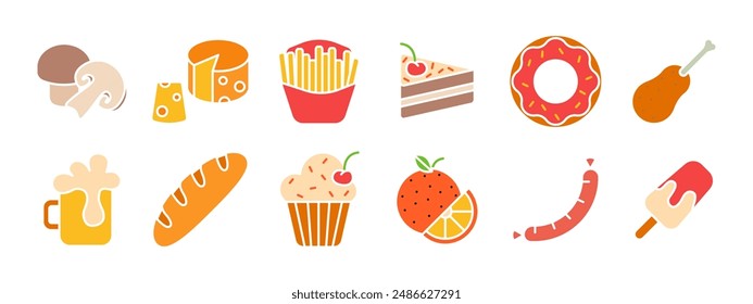 Food set icon. Mushroom, cheese, fries, cake, donut, chicken leg, beer, baguette, cupcake, orange, sausage, popsicle. Food, cuisine.