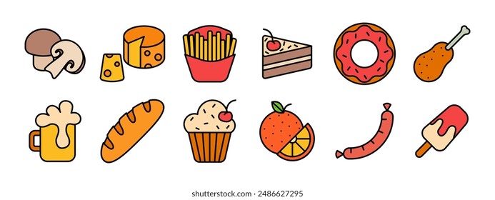 Icono de set de comida. Seta, queso, patatas fritas, pastel, donut, pata de pollo, cerveza, baguette, cupcake, naranja, salchicha, paleta. Comida, comida.