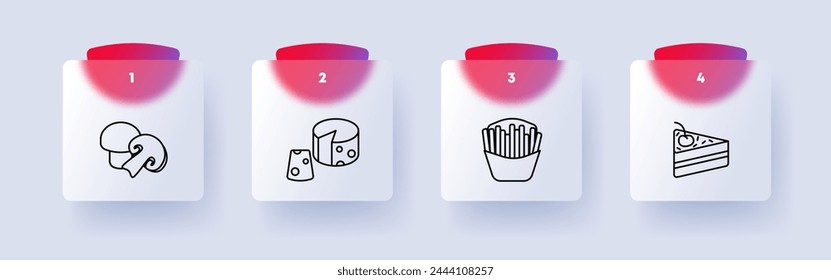 Food set icon. Mushrooms, cut, white and chanterelle mushroom, French fries, fast food, junk food, cake with cream and cherry, cheese with holes, delicacies, unusual food. Glassmorphism style.