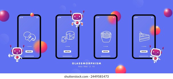 Food set icon. Mushrooms, cut, white and chanterelle mushroom, French fries, fast food, junk food, cake with cream and cherry, cheese with holes, delicacies, unusual food. Glassmorphism style.