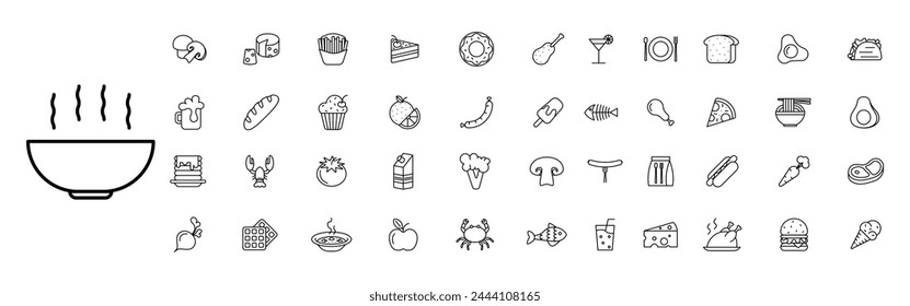 Food set icon. Mushrooms, French fries, apple, orange, crayfish, tomato, plate. chicken, sausage, sausage, carrots, ice cream, burger, ice cream, delicacies, unusual food, donut, bread