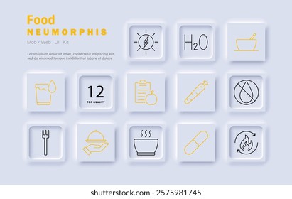 Food set icon. Nutrition, healthy eating, dietary planning, hydration, cooking, meal preparation, food safety, kitchen essentials, vitamins, recipe management