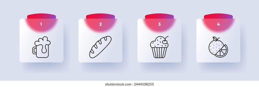 Food set icon. Orange, tangerine, citrus, mug of beer, drink, foam in glass, bread, baguette, cupcake with cream and cherry, delicacies, unusual food. Glassmorphism style.