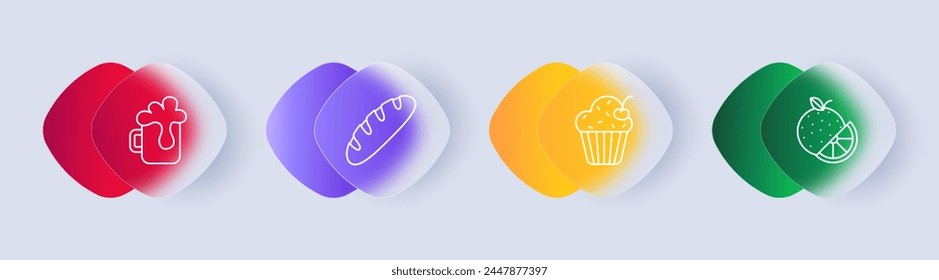 Food set icon. Orange, tangerine, citrus, mug of beer, drink, foam in glass, bread, baguette, cupcake with cream and cherry, delicacies, unusual food. Glassmorphism style.