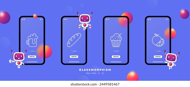 Food set icon. Orange, tangerine, citrus, mug of beer, drink, foam in glass, bread, baguette, cupcake with cream and cherry, delicacies, unusual food. Glassmorphism style.