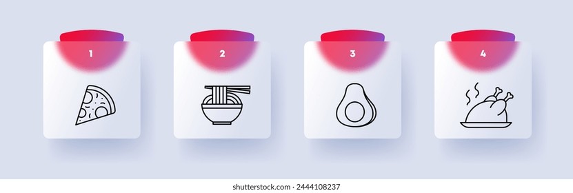 Food set icon. Pizza, ramen, noodles, egg, white, yolk, natural product, fast food, unhealthy, healthy and fatty food, chicken, numbering, yolk, white, delicacies, unusual food. Glassmorphism style.