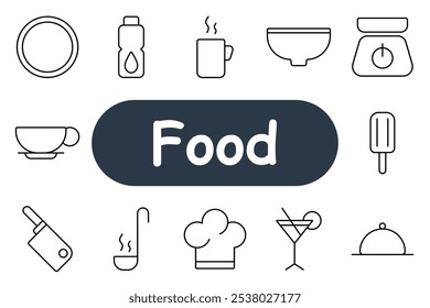 Icono de conjunto de alimentos. Plato, botella, taza, tazón, escama, helado, cuchilla, cucharón, sombrero de chef, martini, cloche. Iconos relacionados con utensilios de cocina, bebidas, cocina y comedor