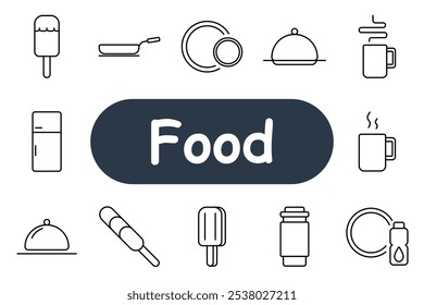 Food set icon. Popsicle, frying pan, dish, coffee mug, refrigerator, plate, hot drink. Suitable for culinary, kitchen, and dining themes