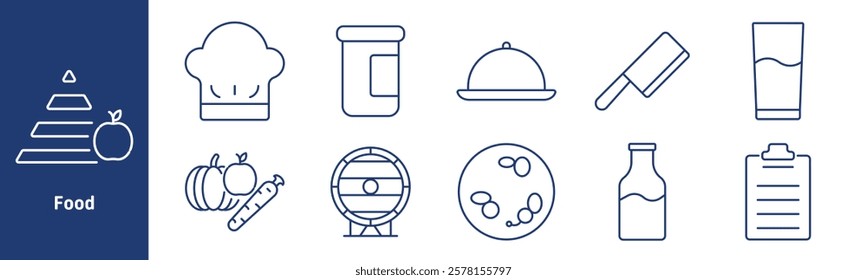 Food set icon. Food pyramid, chef hat, jar, serving dish, knife, glass, carrot, barrel, beans, bottle, clipboard. Represent cooking, storage, and healthy lifestyle