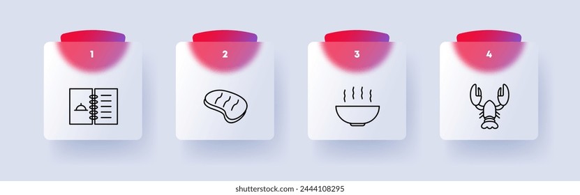 Food set icon. Recipe, notes, information, steak, medium rare, soup, hot dish, lobster, crustacean, delicacy, numbering, flat style. Culinary dishes concept. Glassmorphism style.