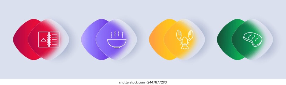 Food set icon. Recipe, notes, information, steak, medium rare, soup, hot dish, lobster, crustacean, delicacy, gradient, flat style. Culinary dishes concept. Glassmorphism style.