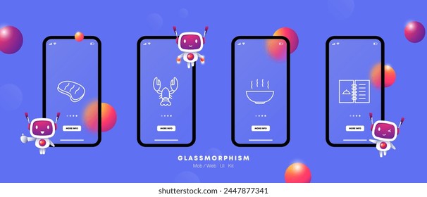 Food set icon. Recipe, notes, information, steak, medium rare, soup, hot dish, lobster, crustacean, delicacy, gradient, flat style. Culinary dishes concept. Glassmorphism style.