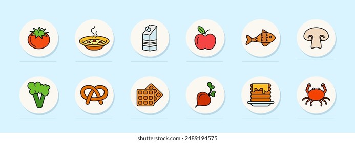 Food set icon. Tomato, soup, milk, apple, fish, mushroom, broccoli, pretzel, waffle, beet, pancakes, crab, vegetable, seafood, dairy, healthy food, nutrition.