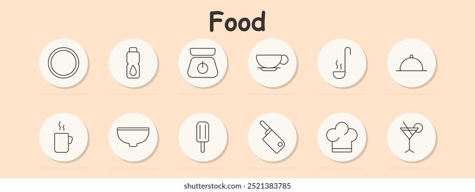 Ícone de conjunto de alimentos. Garrafa de água, balança de cozinha, xícara de chá, panela de sopa, tigela, picolé, cutelo, chapéu de chef, bandeja de serviço, coquetel, ferramentas de cozinha, bebidas, utensílios de cozinha, preparação de alimentos, sobremesas, bebida