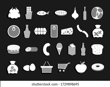 Food set of icons for the grocery store. Vector isolated flat illustration in gray colors.