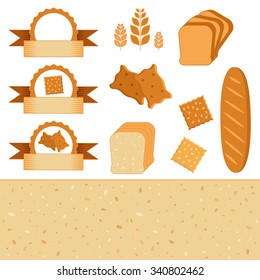 Food set of icons and labels - elements for bakery. Bread and biscuit flat illustration. Vector collection of baking. Bread background texture.