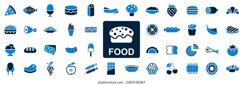 Food set icons for menu, ready meals signs, fruits and vegetables, fish and meat, dish infographics design elements – stock vector