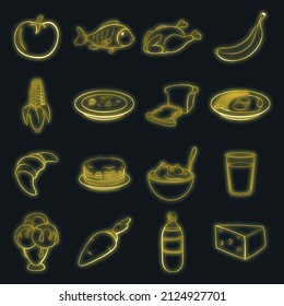 Food set icons in neon style isolated on a black background