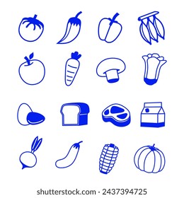 Food set icon.Vegetables, Fruits and Sweet Desserts icons. Food line icons.bread,corn,tomato,banana,egg,milk,apple,chili,carrot for element, poster,etc