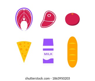 Food set including fish, salmon, meat, steak and carton of milk and fruit, cheese. Flat isometric style illustration. Vector illustration