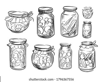 Сanned food. Set of jars with fruits and vegetables. Sketch illustration. Vector