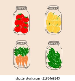 Сanned food. Set of jars with vegetables. Vector in cartoon style. All elements are isolated

