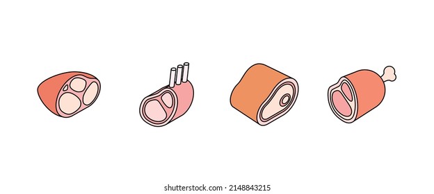 Food set - meat, pork, beef, steak, sausage, ham, bacon. Isometric vector illustration in flat design. Outline, linear style, line art. Meal preparation.