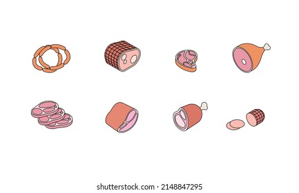 Food set - meat, pork, beef, steak, sausage, ham, bacon. Isometric vector illustration in flat design. Outline, linear style, line art. Meal preparation.