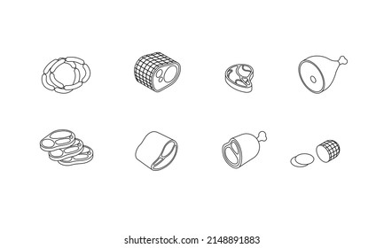 Food set - meat, pork, beef, steak, sausage, ham, bacon. Isometric vector illustration in flat design. Outline, linear style, line art. Meal preparation. Icons. Editable stroke.