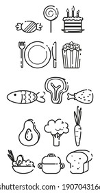 Food set. Meat, vegetables and sweets. Dishes: knife, fork, plate, saucepan, bowl. Beef, chicken, fish. Avocado, broccoli, carrots. Cake, candy, lollipop, popcorn. Thin line icons for web, application