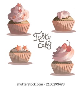 Food set: muffins with cream, stars, meringues,cherry. Isolated vector illustration on white background in 
realistic style with gradients. Design icon, print, logo, symbol, decor, poster, menu