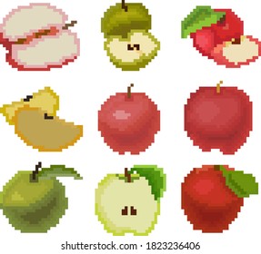 Food set of nine images of different apples. Images for websites for various purposes, logos, restaurant menus and much more. Vector illustration.