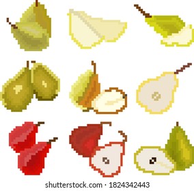 Food set of nine images of different pears. Images for websites for various purposes, logos, restaurant menus and much more. Vector illustration.