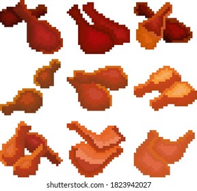 A food set of nine images of fried chicken legs. Images for different purposes sites, logos, restaurant menus, and more. Vector illustration.