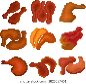 A food set of nine images of fried chicken legs. Images for different purposes sites, logos, restaurant menus, and more. Vector illustration.