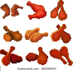A food set of nine images of fried chicken legs. Images for different purposes sites, logos, restaurant menus, and more. Vector illustration.
