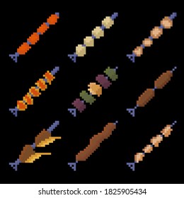 Food set of nine images of shish kebab. Images for different purposes sites, logos, restaurant menus, and more. Vector illustration.