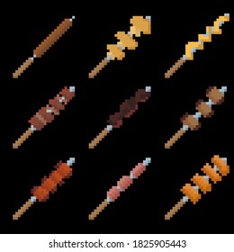 Food set of nine images of shish kebab. Images for different purposes sites, logos, restaurant menus, and more. Vector illustration.