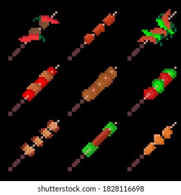 Food set of nine images of shish kebab. Images for different purposes sites, logos, restaurant menus, and more. Vector illustration.