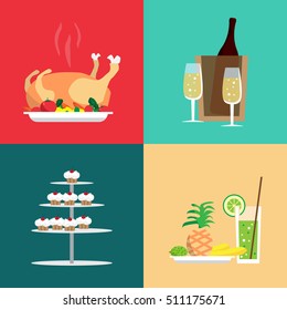 Food set on the Christmas table. Turkey, drinks, sweets, fruit. Cartoon style vector illustration